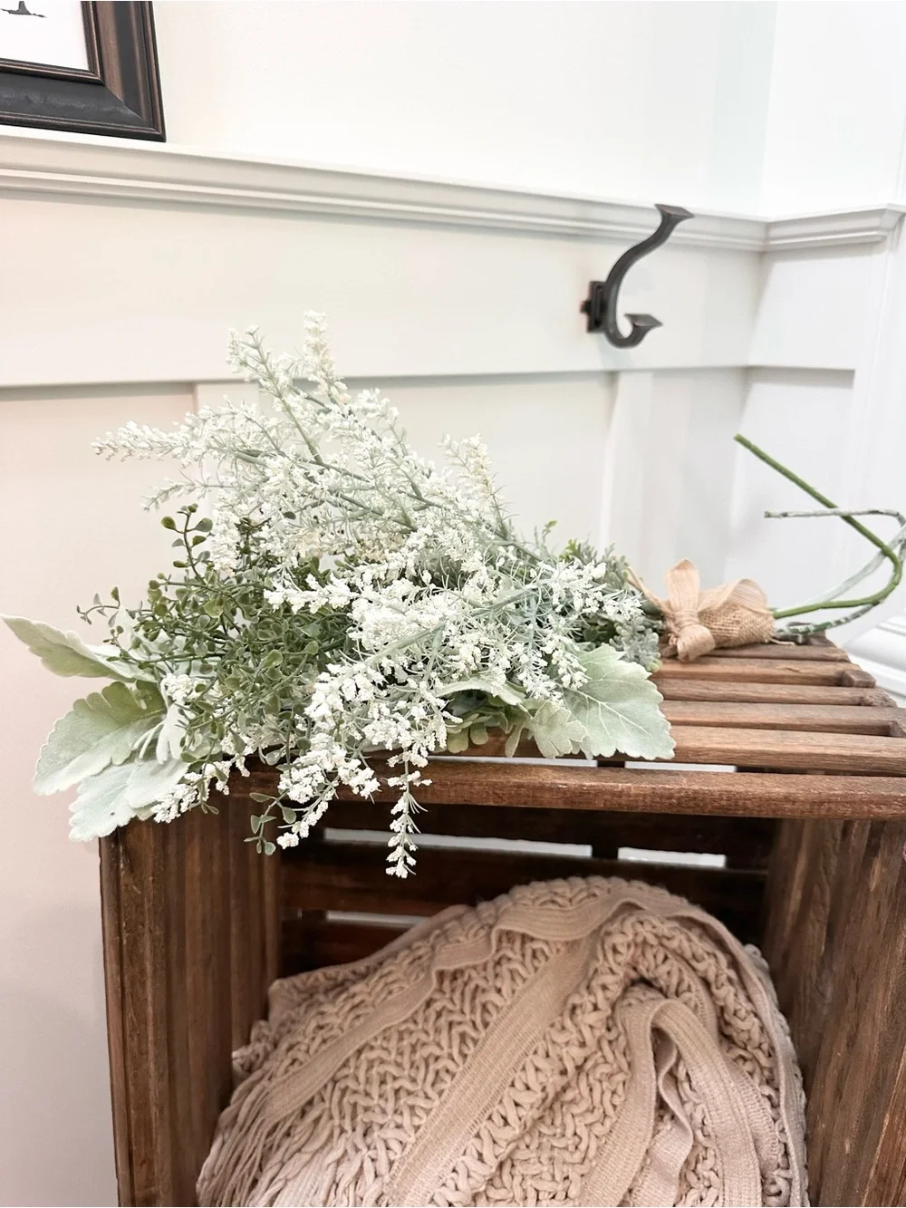 White and Sage Green Faux Floral Bouquet Arrangement Foliage Burlap Tie